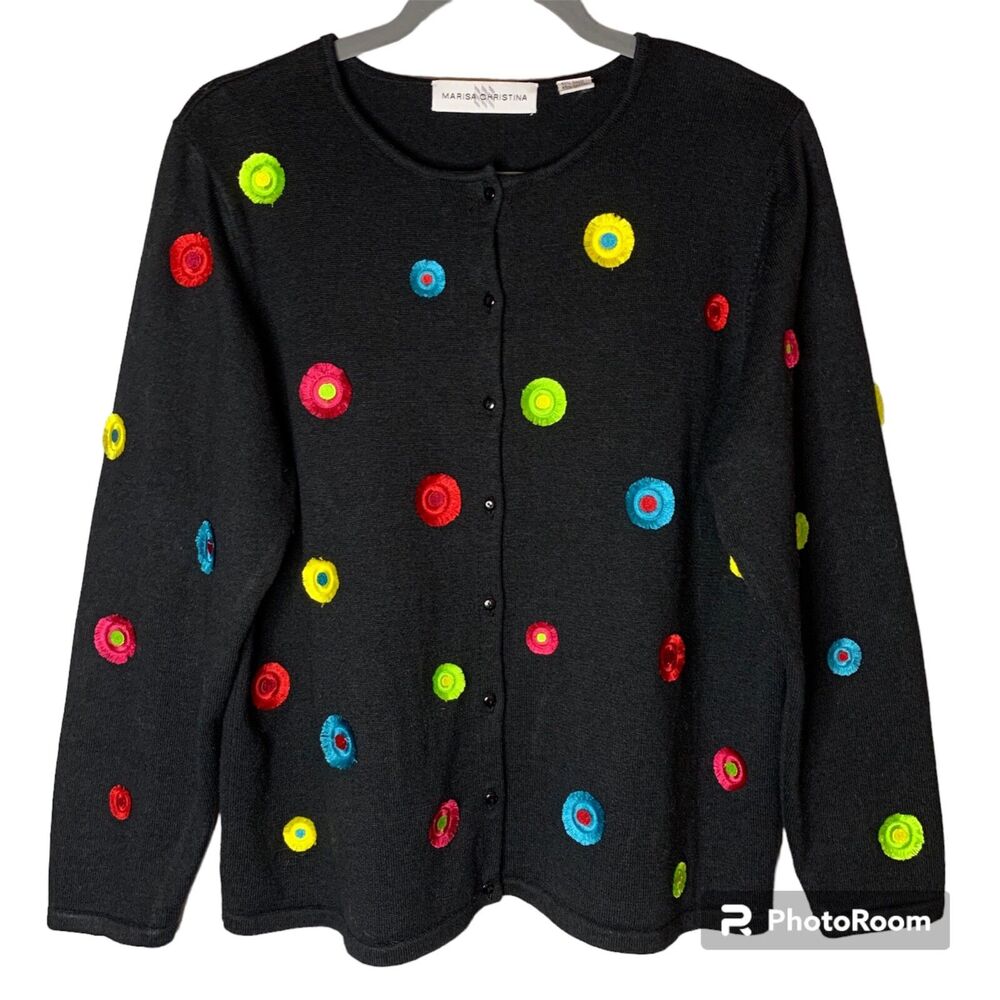 Marisa Christina Embroidered Cardigan Sweater LARGE Black Button Floral Jacket